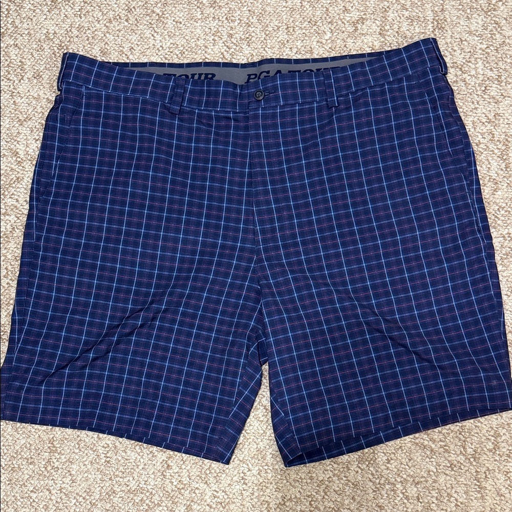 PGA TOUR Navy and Light Blue Plaid Golf Shorts